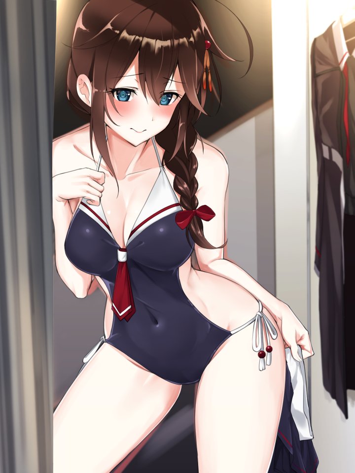 1girl ahoge alternate_costume bangs blue_eyes blush braid breasts brown_hair cleavage closed_mouth commentary_request covered_navel eyebrows_visible_through_hair groin hair_between_eyes hair_flaps hair_ornament hair_over_shoulder hair_ribbon hairclip hand_on_own_chest kantai_collection long_hair looking_at_viewer medium_breasts navel one-piece_swimsuit pleated_skirt ribbon shigure_(kantai_collection) side-tie_swimsuit single_braid skirt skirt_removed solo standing swimsuit youmou_usagi