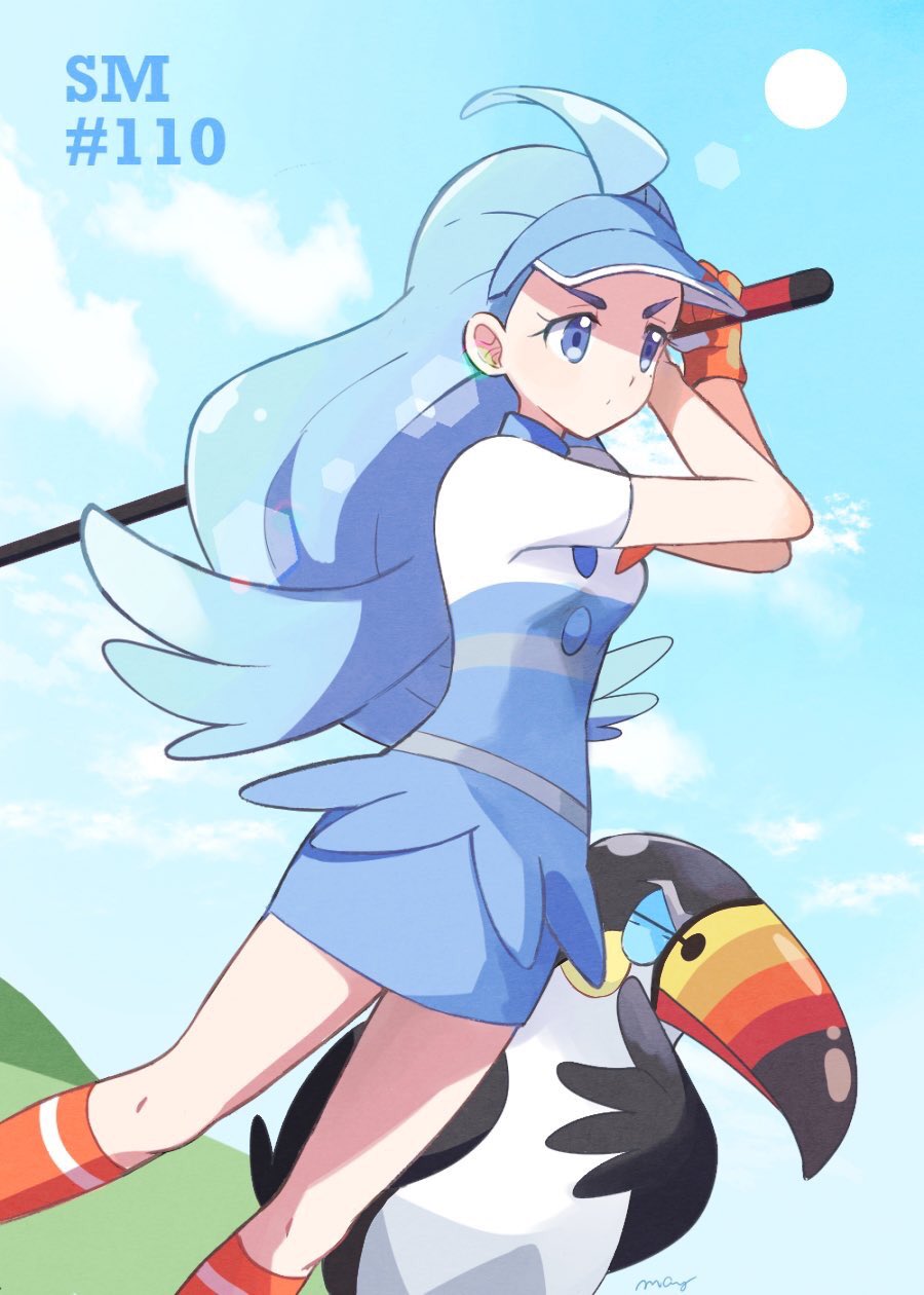 1girl blue_eyes blue_hair creatures_(company) game_freak gen_7_pokemon highres kahili_(pokemon) mei_(maysroom) nintendo orange_legwear pokemon pokemon_(anime) pokemon_(creature) pokemon_sm_(anime) toucannon visor