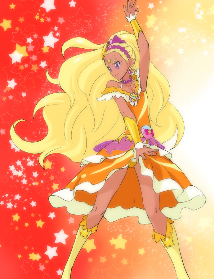 1girl amamiya_erena arm_up blonde_hair boots choker closed_mouth cure_soleil dark_skin haruyama_kazunori long_hair magical_girl precure purple_choker smile solo standing star star_twinkle_precure starry_background violet_eyes yellow_footwear