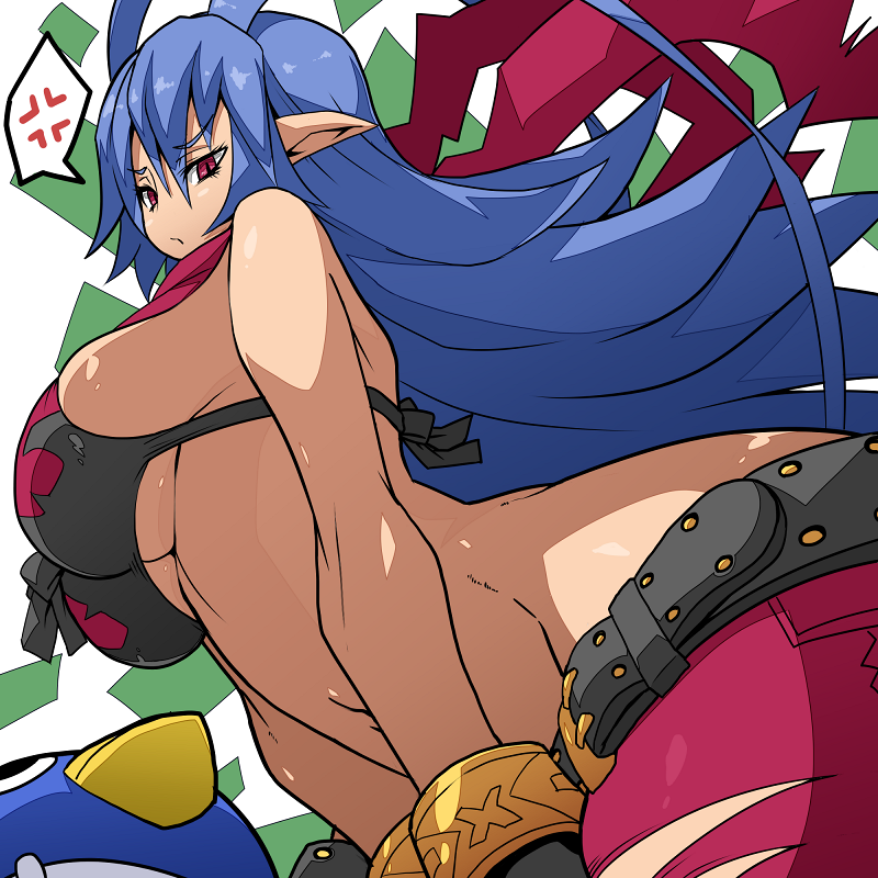 1girl antennae bare_arms belt bikini_top blue_hair bracelet breasts closed_mouth creature disgaea disgaea_d2 furrowed_eyebrows genderswap genderswap_(mtf) jewelry kara_age laharl laharl-chan large_breasts long_hair looking_at_viewer pointy_ears prinny red_eyes red_scarf scarf under_boob upper_body v_arms