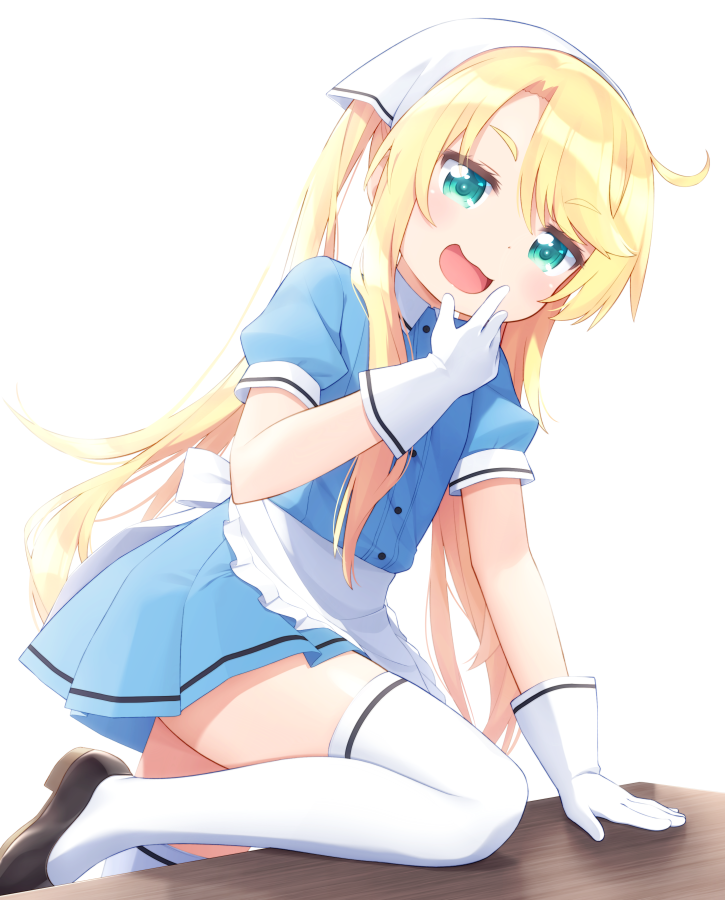 1girl :d apron arm_support bangs blend_s blonde_hair blue_shirt blue_skirt brown_footwear collared_shirt cosplay dress_shirt eyebrows_visible_through_hair frilled_apron frills gloves green_eyes hair_between_eyes hand_to_own_mouth hand_up haribote_(tarao) head_scarf himesaka_noa hinata_kaho hinata_kaho_(cosplay) long_hair open_mouth pleated_skirt puffy_short_sleeves puffy_sleeves seiyuu_connection shirt shoes short_sleeves simple_background skirt smile solo stile_uniform thigh-highs twintails uniform very_long_hair waist_apron waitress watashi_ni_tenshi_ga_maiorita! white_apron white_background white_gloves white_legwear