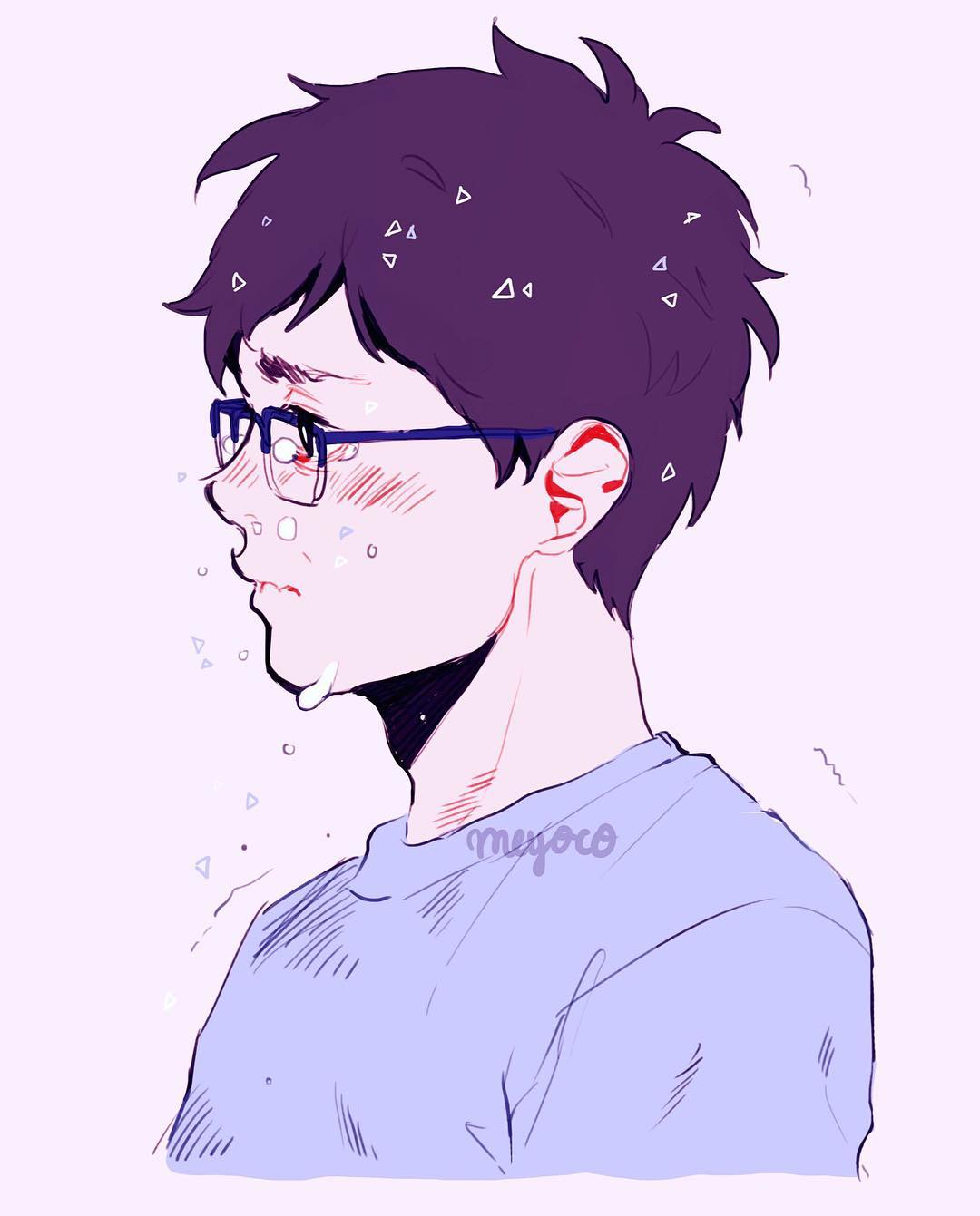 1boy artist_name black_hair blue-framed_eyewear blue_shirt blush cropped_torso crying glasses highres katsuki_yuuri male_focus meyoco profile purple_background shirt short_hair simple_background solo tears triangle upper_body yuri!!!_on_ice