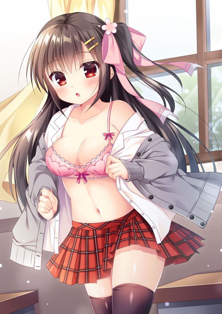 1girl :o bangs bare_shoulders black_legwear blush bow bow_bra bra breasts brown_hair cardigan cleavage collarbone commentary_request dress_shirt eyebrows_visible_through_hair fujikura_ryuune grey_cardigan hair_between_eyes hair_bow hair_ornament hairclip indoors long_hair long_sleeves medium_breasts moe2019 navel off_shoulder one_side_up open_cardigan open_clothes open_shirt original parted_lips pink_bow pink_bra plaid plaid_skirt pleated_skirt red_eyes red_skirt shirt skindentation skirt sleeves_past_wrists solo thigh-highs underwear very_long_hair white_shirt window