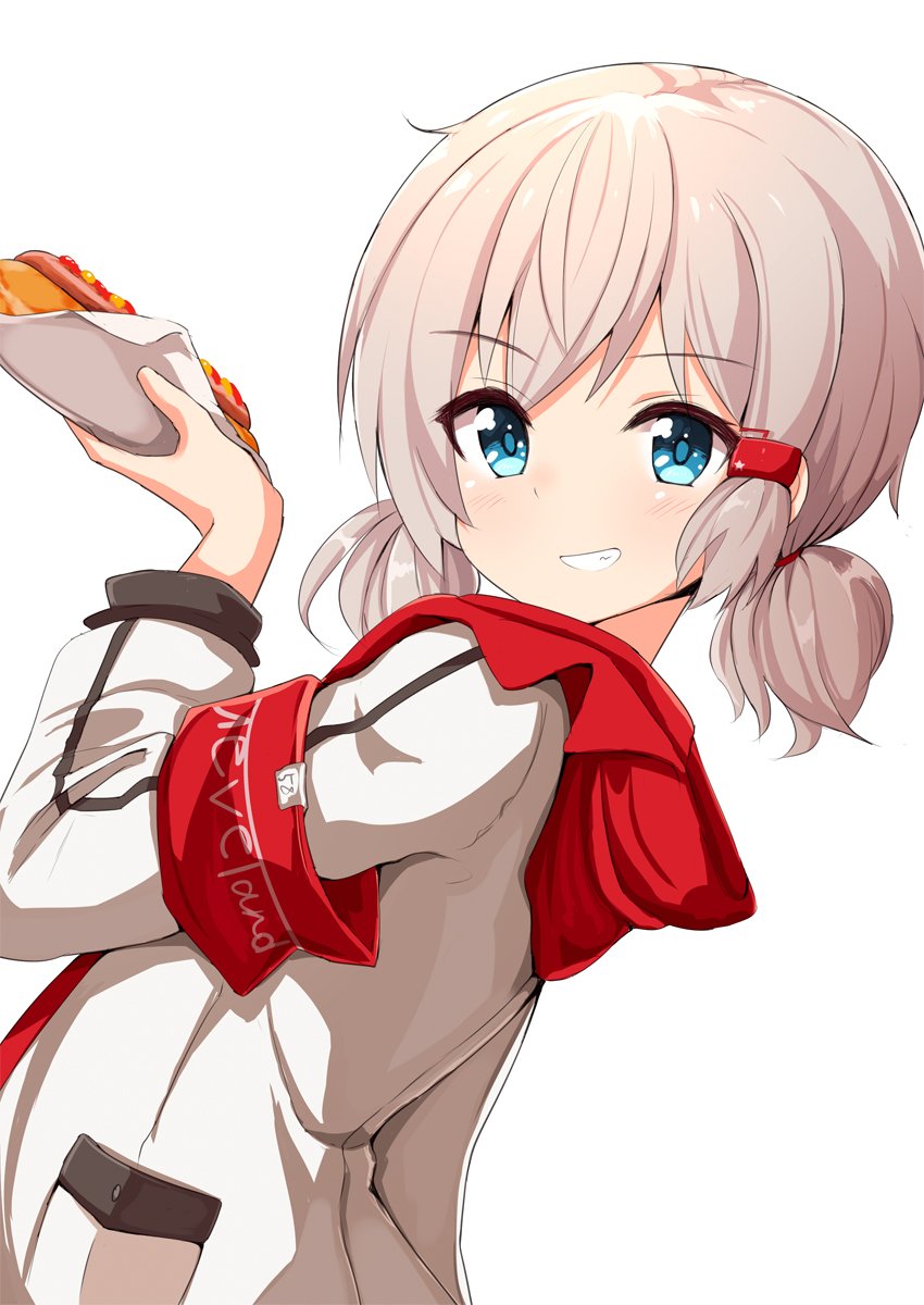 1girl ame. armband azur_lane bangs blue_eyes blush commentary_request denver_(azur_lane) dutch_angle eyebrows_visible_through_hair food from_side grey_hair grin hair_ornament hair_tubes highres holding holding_food hood hood_down hot_dog jacket long_sleeves looking_at_viewer looking_to_the_side low_twintails short_twintails sidelocks simple_background smile solo twintails white_background white_jacket