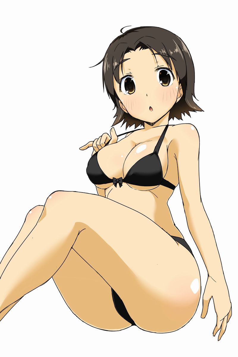 1girl :o adjusting_clothes adjusting_swimsuit bangs bikini black_bikini blush bow_bikini breasts brown_eyes brown_hair commentary_request eyebrows_visible_through_hair girls_und_panzer highres legs looking_at_viewer medium_breasts nana_(manaita_koumuten) parted_bangs sawa_azusa short_hair simple_background sitting solo swimsuit white_background