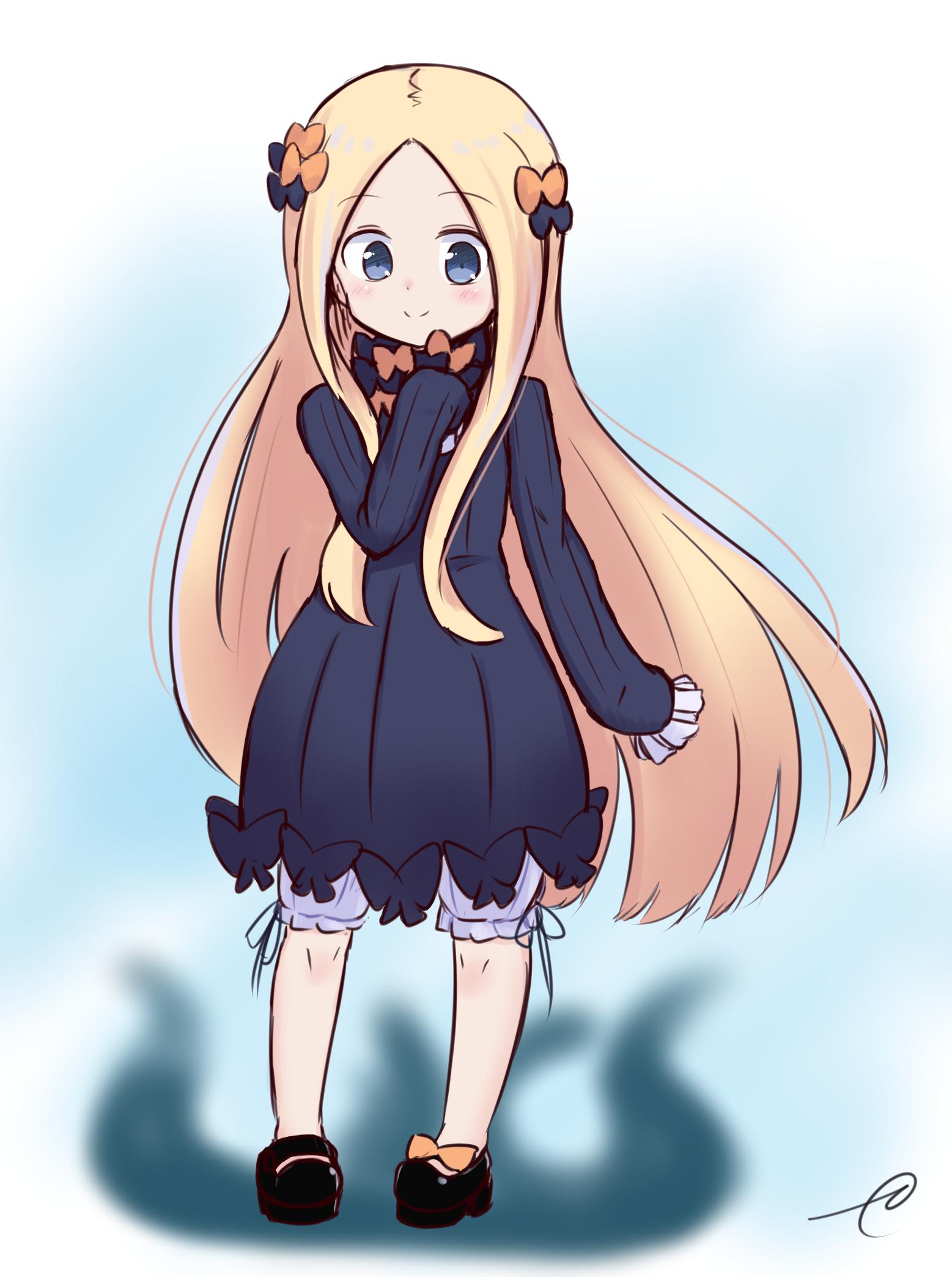 1girl abigail_williams_(fate/grand_order) bangs black_bow black_dress black_footwear blonde_hair bloomers blue_eyes blurry blurry_background blush bow bug butterfly closed_mouth commentary_request depth_of_field dress eyebrows_visible_through_hair fate/grand_order fate_(series) forehead full_body hair_bow highres insect kujou_karasuma long_hair long_sleeves looking_at_viewer mary_janes no_hat no_headwear orange_bow parted_bangs shoes signature sleeves_past_fingers sleeves_past_wrists smile solo tentacle underwear very_long_hair white_bloomers