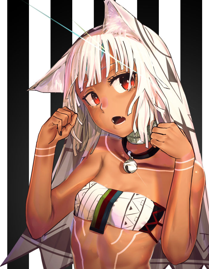 1girl altera_(fate) animal_ears bangs bare_arms bare_shoulders bell bell_collar black_nails blunt_bangs breasts cat_ears collar collarbone dark_skin fate/grand_order fate_(series) full_body_tattoo headdress i-pan looking_at_viewer nail_polish red_eyes revealing_clothes short_hair small_breasts solo tan tattoo white_hair younger