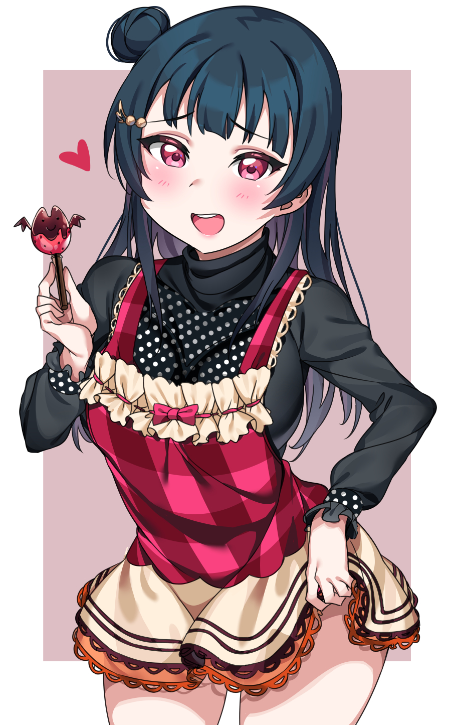 1girl :d apron black_shirt blue_hair blush breasts brown_background chocolate cowboy_shot hair_bun hair_ornament hand_up heart highres holding large_breasts long_hair long_sleeves looking_at_viewer love_live! love_live!_sunshine!! open_mouth plaid polka_dot red_eyes shirt side_bun sidelocks smile solo standing tem10 thighs tsushima_yoshiko two-tone_background white_background