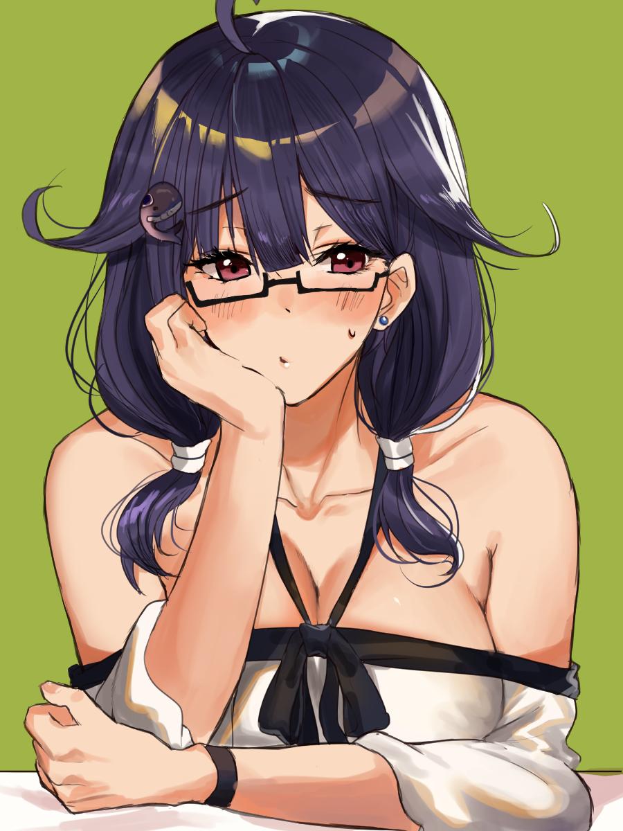 1girl ahoge alternate_costume amakaze arm_rest bespectacled black_wristband blush breasts cleavage collarbone dress eyebrows_visible_through_hair glasses green_background hair_ornament hair_tie hand_on_own_cheek highres kantai_collection large_breasts long_hair looking_at_viewer oekaki off_shoulder purple_hair shiny shiny_hair simple_background solo strapless sweatdrop taigei_(kantai_collection) twintails upper_body violet_eyes whale_hair_ornament white_dress