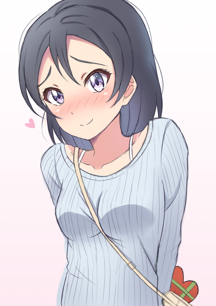 1girl bag bangs between_breasts black_hair blush bra_strap breasts commentary_request embarrassed gift heart long_sleeves love_live! love_live!_sunshine!! love_live!_sunshine!!_the_school_idol_movie_over_the_rainbow medium_hair shoulder_bag small_breasts solo upper_body valentine violet_eyes watanabe_tsuki yamamoto_chavez