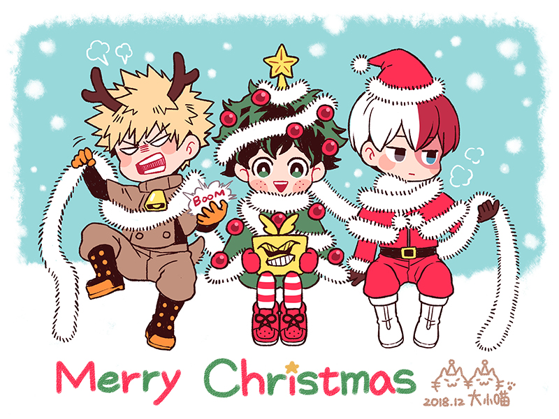 2018 3boys all_might animal_costume bakugou_katsuki bell blonde_hair blue_eyes boku_no_hero_academia boots brown_gloves chibi christmas christmas_ornaments christmas_tree_costume dated fake_antlers gloves green_eyes green_hair grey_eyes hat heterochromia male_focus merry_christmas midoriya_izuku multicolored_hair multiple_boys nightcat open_mouth orange_gloves red_gloves redhead reindeer_costume santa_costume santa_hat sitting smile star todoroki_shouto two-tone_hair white_hair