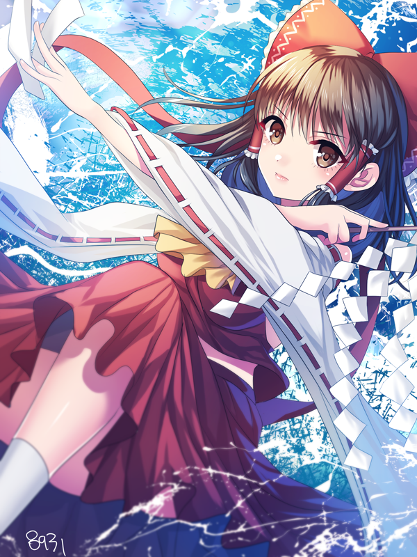 1girl ascot bangs bow breasts brown_eyes brown_hair closed_mouth detached_sleeves gohei hair_bow hair_tubes hakurei_reimu hakusai_ponzu lips long_hair long_sleeves looking_at_viewer medium_breasts nontraditional_miko pink_lips red_bow red_skirt ribbon-trimmed_sleeves ribbon_trim skirt socks solo spell_card touhou v-shaped_eyebrows white_legwear wide_sleeves x_arms yellow_neckwear