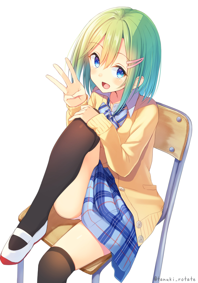 1girl :d aqua_hair bangs black_legwear blue_bow blue_eyes blue_neckwear blue_skirt blush bow bowtie breasts eyebrows_visible_through_hair from_above gradient_hair green_hair hand_on_own_knee knee_up long_sleeves looking_at_viewer looking_up medium_breasts miniskirt multicolored_hair on_chair open_mouth original panties pantyshot pantyshot_(sitting) partially_unbuttoned plaid plaid_skirt school_uniform shirai_tanuki shoes simple_background sitting skirt smile solo striped striped_bow striped_neckwear takeda_emi thigh-highs twitter_username underwear upskirt uwabaki w white_background white_footwear white_panties yellow_cardigan