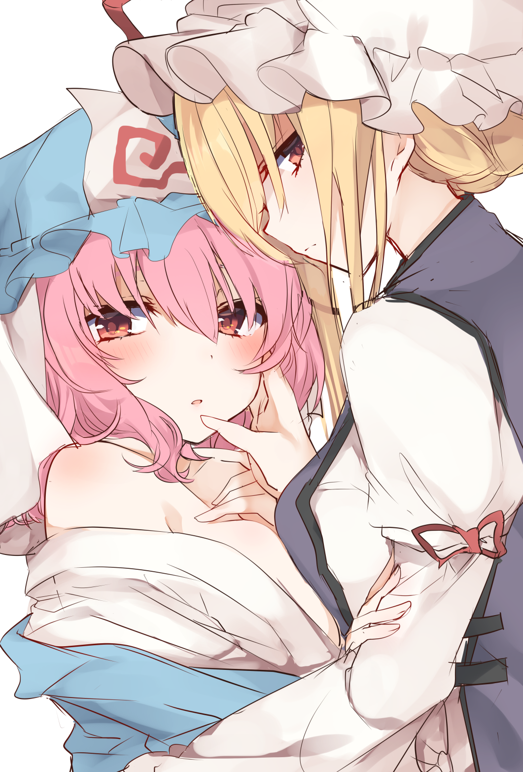 2girls bangs bare_shoulders blonde_hair blue_hat blue_kimono blush breasts commentary_request dress eyebrows_visible_through_hair from_side hand_on_another's_cheek hand_on_another's_face hat hat_ribbon highres japanese_clothes juliet_sleeves karasusou_nano kimono long_sleeves looking_at_viewer medium_breasts mob_cap multiple_girls off_shoulder parted_lips pink_hair profile puffy_sleeves red_eyes red_ribbon ribbon saigyouji_yuyuko short_hair simple_background tabard tied_hair touhou triangular_headpiece upper_body veil white_background white_dress white_hat white_kimono yakumo_yukari yuri