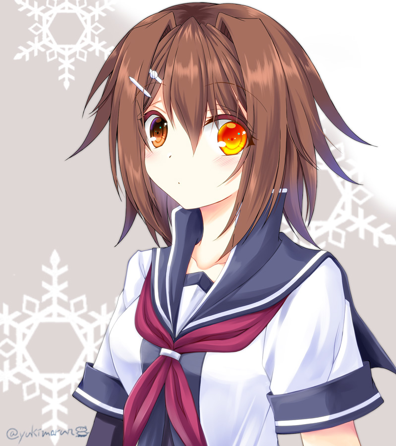 1girl blue_sailor_collar brown_hair commentary_request elbow_gloves furutaka_(kantai_collection) gloves glowing glowing_eye grey_background heterochromia kantai_collection looking_at_viewer neckerchief orange_eyes purple_neckwear sailor_collar school_uniform serafuku short_hair single_elbow_glove snowflake_background snowflakes solo tamagawa_yukimaru twitter_username upper_body