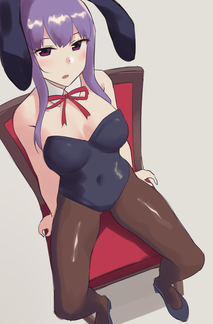 1girl animal_ears black_legwear blush breasts bunnysuit chair cleavage covered_navel detached_collar highres large_breasts long_hair looking_at_viewer open_mouth original pantyhose purple_hair rabbit_ears ryokucha_michi sitting solo spread_legs violet_eyes