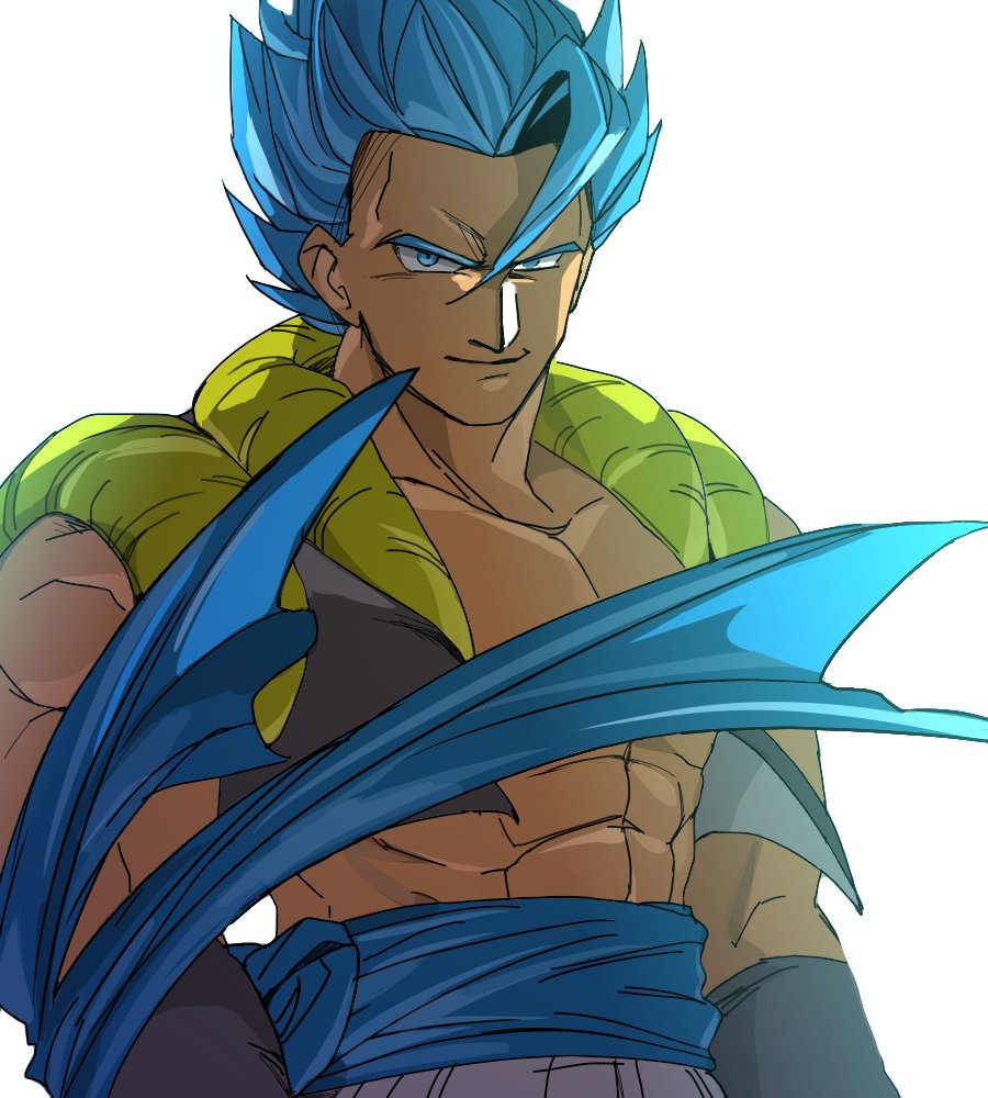 1boy abs arms_at_sides bangs blue_eyes blue_hair clothes_lift dragon_ball dragon_ball_super_broly gogeta grin looking_at_viewer male_focus muscle shaded_face shirtless short_hair simple_background smile spiky_hair super_saiyan_blue tako_jirou upper_body waistcoat white_background wind wind_lift