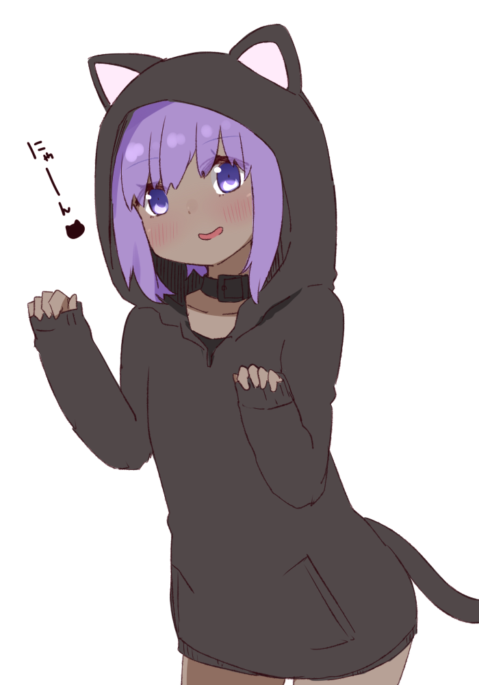 1girl :d alternate_costume animal_ears animal_hood bangs black_hoodie blush cat_ears cat_girl cat_hood cat_tail collarbone cowboy_shot eyebrows_visible_through_hair fate/prototype fate/prototype:_fragments_of_blue_and_silver fate_(series) hair_between_eyes hands_up hassan_of_serenity_(fate) head_tilt hood hood_up hoodie i.u.y long_sleeves open_mouth pinching_sleeves purple_hair sidelocks simple_background sleeves_past_wrists smile solo tail translated violet_eyes white_background
