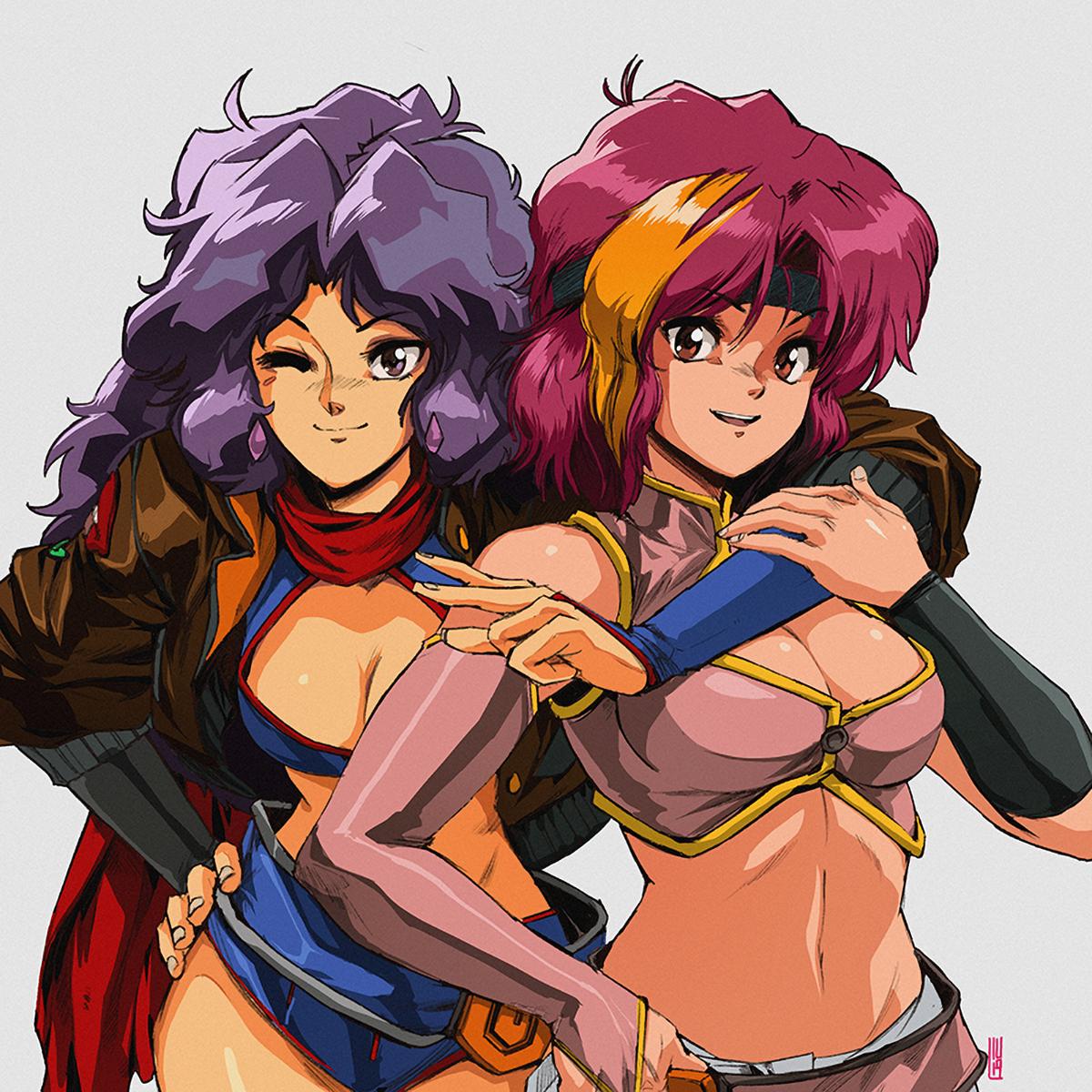 2girls 80s ;) arina_(game_grumps) arm_around_shoulder breasts bridal_gauntlets brown_eyes cleavage commentary crop_top danielle_(game_grumps) david_liu earrings english_commentary game_grumps headband highres jewelry leather long_hair looking_at_viewer medium_breasts medium_hair midriff mismatched_sleeves multicolored_hair multiple_girls navel oldschool one_eye_closed orange_hair pink_hair purple_hair red_scarf scarf short_shorts shorts smile streaked_hair v white_background