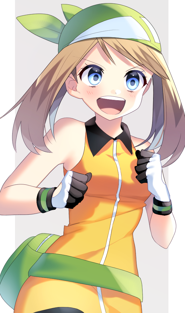 &gt;:d 1girl :d bandanna bangs bare_arms bare_shoulders blue_eyes blush border breasts brown_hair clenched_hands collared_dress creatures_(company) dress eyebrows_visible_through_hair fanny_pack female game_freak gloves green_bandanna grey_background hands_up happy haruka_(pokemon) haruka_(pokemon_emerald) looking_at_viewer medium_breasts multicolored multicolored_clothes multicolored_gloves neck nintendo open_mouth orange_dress pokemon pokemon_(game) pokemon_emerald pokemon_rse round_teeth short_hair sleeveless sleeveless_dress smile solo swept_bangs teeth upper_body upper_teeth white_border yuihiko