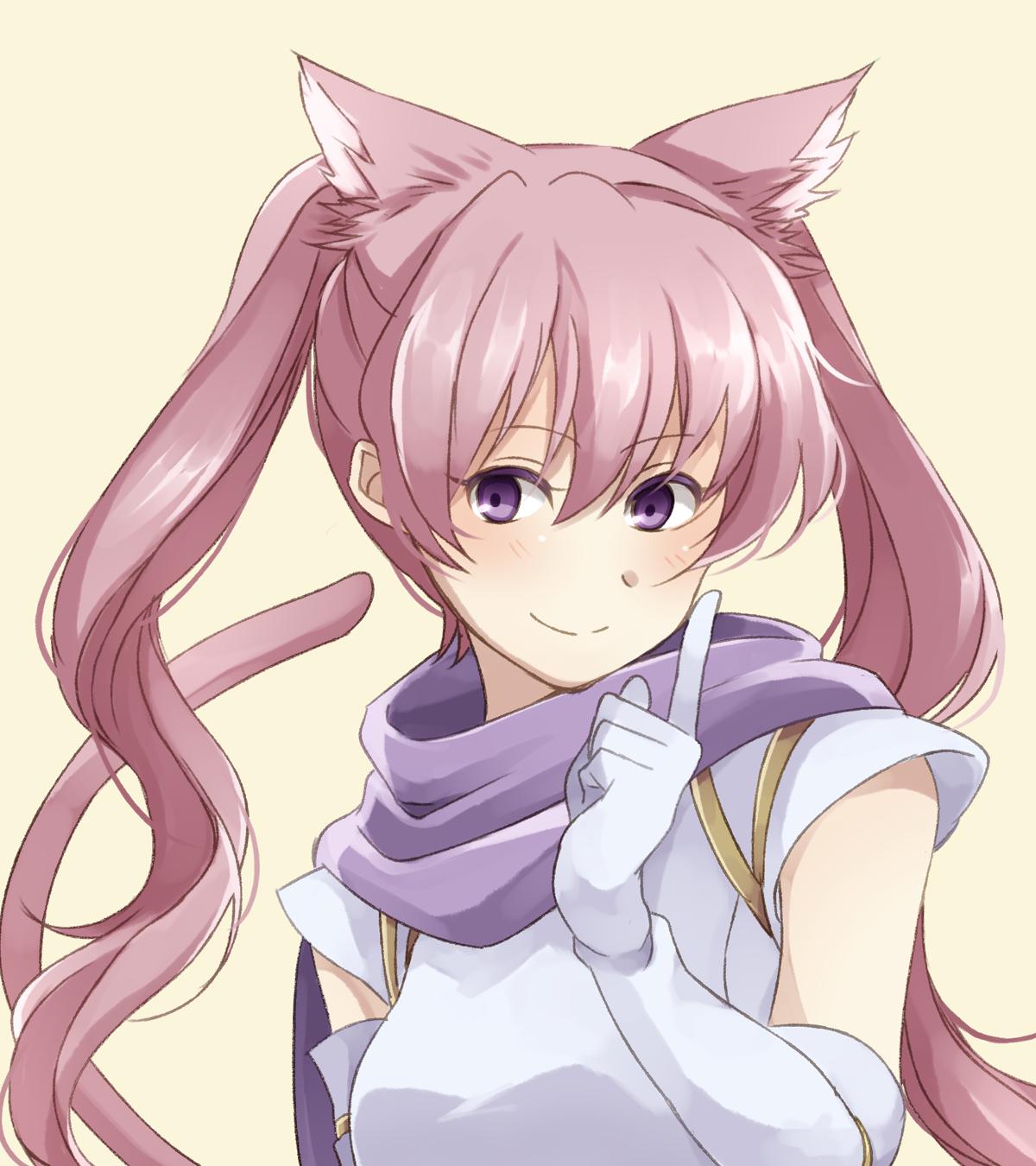 1girl animal_ears cat_ears cat_tail closed_mouth elbow_gloves fire_emblem fire_emblem:_rekka_no_ken gloves highres long_hair mememefe nintendo pink_hair serra simple_background smile solo tail twintails upper_body violet_eyes white_gloves