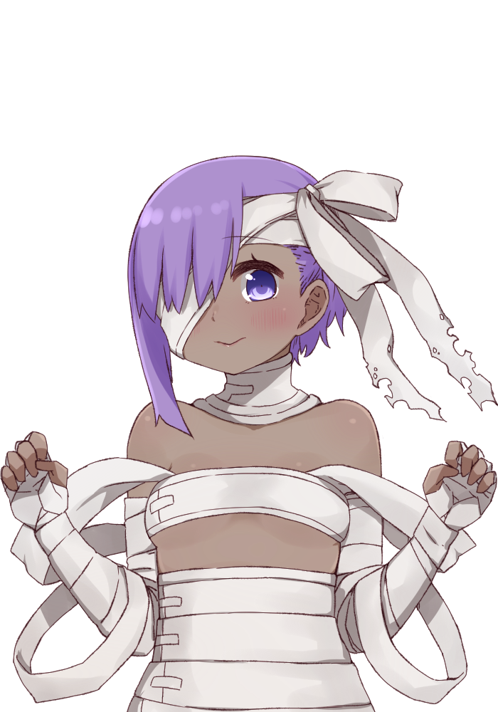 1girl asymmetrical_bangs bandage bandage_over_one_eye bandaged_arm bandages bangs blush breasts closed_mouth dark_skin eyebrows_visible_through_hair fate/prototype fate/prototype:_fragments_of_blue_and_silver fate_(series) hair_over_one_eye hands_up hassan_of_serenity_(fate) i.u.y naked_bandage purple_hair simple_background small_breasts solo upper_body violet_eyes white_background
