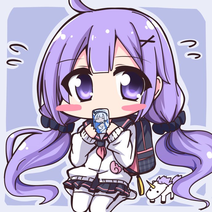 1girl ahoge azur_lane backpack bag black_sailor_collar black_scrunchie black_skirt blue_background blush_stickers cardigan cellphone chibi commentary_request covered_mouth flying_sweatdrops geo_(yukishitadou) hair_ornament hair_scrunchie hands_up holding holding_cellphone holding_phone illustrious_(azur_lane) long_hair low_twintails neckerchief pantyhose phone pleated_skirt purple_hair red_neckwear sailor_collar school_uniform scrunchie serafuku sitting skirt solo stuffed_animal stuffed_toy stuffed_unicorn twintails two-tone_background unicorn_(amusement_park_date)_(azur_lane) unicorn_(azur_lane) very_long_hair violet_eyes wariza white_cardigan white_legwear