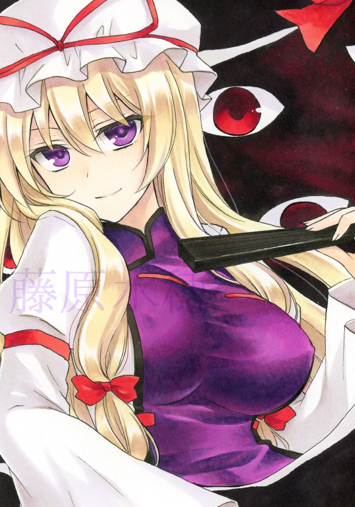 1girl blonde_hair bow breasts closed_fan covered_nipples eyebrows_visible_through_hair fan folding_fan fujiwara_minaho hair_between_eyes hair_bow hair_over_shoulder hat hat_ribbon holding holding_fan large_breasts long_hair long_sleeves looking_at_viewer marker_(medium) red_bow red_eyes red_ribbon ribbon shiny shiny_hair shirt solo touhou traditional_media upper_body violet_eyes watermark white_hat white_shirt yakumo_yukari