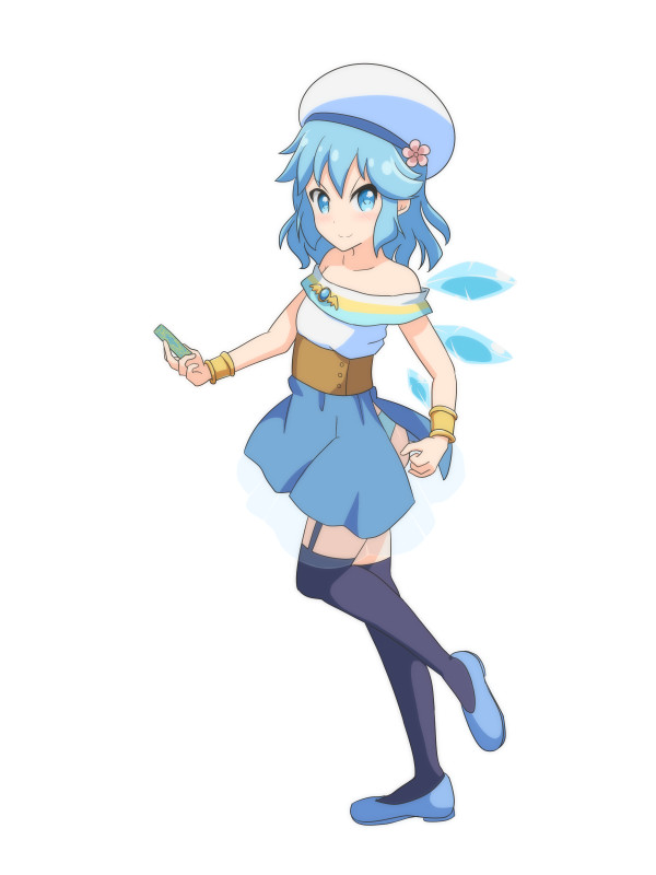 1girl arms_up bare_arms bare_shoulders blue_eyes blue_footwear blue_hair blue_panties blue_skirt bracelet card cato_(monocatienus) cirno commentary_request cosplay dress endro! flower full_body furrowed_eyebrows garter_straps hair_between_eyes hat hat_flower holding holding_card jewelry light_smile looking_at_viewer meiza_endust meiza_endust_(cosplay) navy_blue_legwear panties pantyshot pantyshot_(standing) short_hair side_slit simple_background skirt sleeveless sleeveless_dress solo standing standing_on_one_leg strapless strapless_dress thigh-highs touhou underbust underwear white_background white_hat