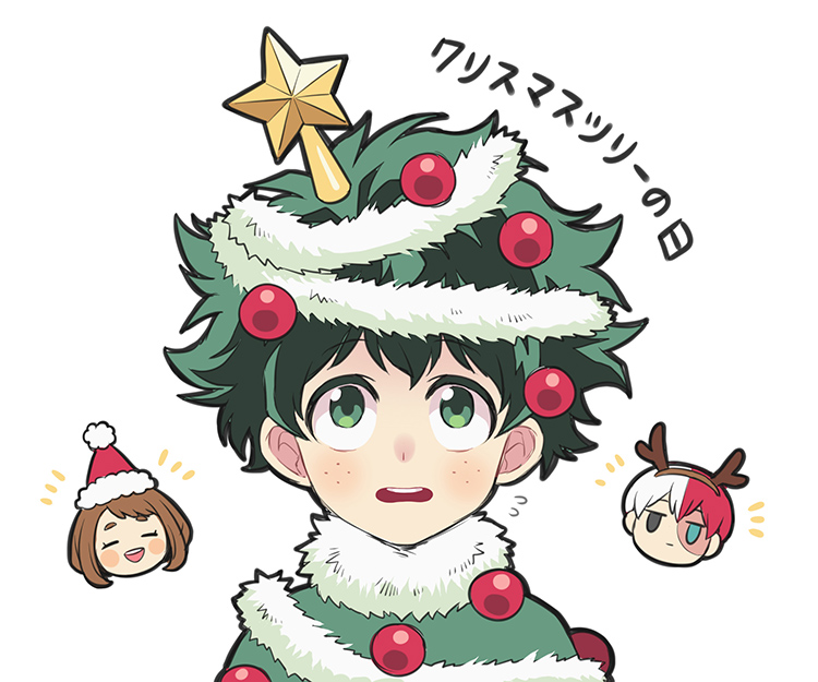 1girl 2boys blue_eyes boku_no_hero_academia brown_hair christmas christmas_ornaments fake_antlers freckles green_eyes green_hair grey_eyes hat heterochromia midoriya_izuku multicolored_hair multiple_boys nightcat redhead santa_hat star todoroki_shouto two-tone_hair uraraka_ochako white_hair