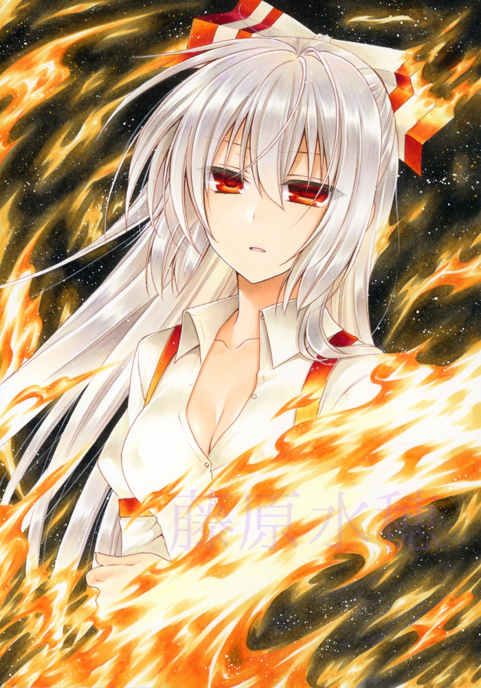 1girl bow breasts cleavage collarbone dress_shirt floating_hair fujiwara_minaho fujiwara_no_mokou hair_between_eyes hair_bow long_hair looking_at_viewer marker_(medium) medium_breasts open_mouth red_eyes shiny shiny_hair shirt silver_hair solo suspenders touhou traditional_media upper_body very_long_hair watermark white_bow white_shirt