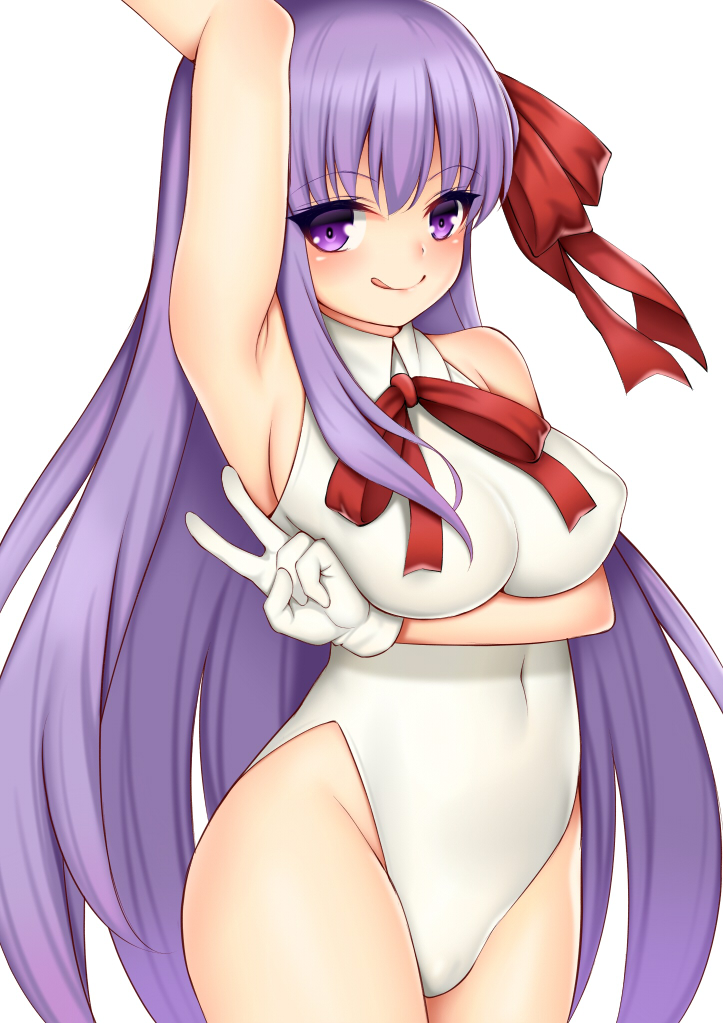 1girl :q arm_up armpits bb_(fate)_(all) bb_(swimsuit_mooncancer)_(fate) breasts covered_navel eyebrows_visible_through_hair fate/grand_order fate_(series) gloves hair_ribbon large_breasts leotard long_hair looking_at_viewer purple_hair red_ribbon ribbon simple_background sleeveless solo tongue tongue_out toshishikisai v very_long_hair violet_eyes white_background white_gloves white_leotard