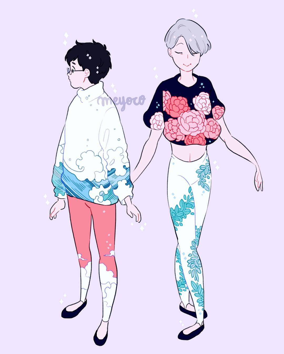 2boys artist_name black_footwear black_hair closed_eyes cloud_print floral_print flower full_body glasses grey_hair highres katsuki_yuuri leaf long_sleeves looking_to_the_side male_focus meyoco multiple_boys pants pink_flower pink_pants plant print_pants print_shirt profile purple_background shirt short_hair short_sleeves simple_background smile sparkle standing sweater viktor_nikiforov wave_print waves white_pants yuri!!!_on_ice