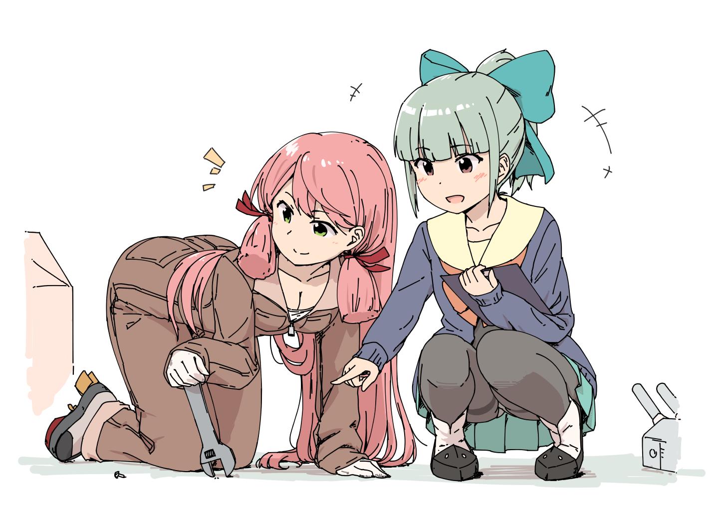 2girls adapted_costume akashi_(kantai_collection) all_fours alternate_costume beige_sailor_collar black_legwear blue_shirt bow breasts brown_eyes brown_jumpsuit cleavage clipboard commentary_request green_eyes green_hair green_skirt hair_bow hair_ribbon jumpsuit kantai_collection long_hair long_sleeves medium_breasts multiple_girls pantyhose pink_hair pleated_skirt ponytail ribbon sailor_collar school_uniform serafuku shirt simple_background skirt squatting thighband_pantyhose tress_ribbon wamu_(chartreuse) white_background wrench yuubari_(kantai_collection)