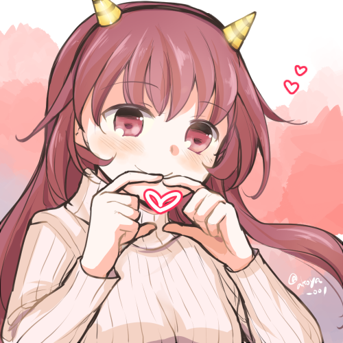 1girl akoya_(anoko_konoko) beige_sweater brown_eyes brown_hair commentary_request heart heart_hands horns kantai_collection kisaragi_(kantai_collection) long_hair lowres multicolored multicolored_background oni_horns ribbed_sweater smile solo sweater twitter_username upper_body