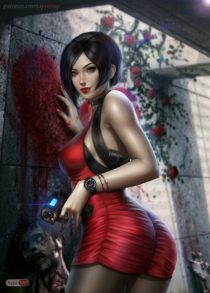 1girl ada_wong ayya_saparniyazova bare_shoulders black_hair blood bracelet brown_eyes choker dress flower from_side gun handgun holding holding_gun holding_weapon jewelry looking_at_viewer pantyhose pistol red_dress red_lips resident_evil resident_evil_2 rose short_hair sleeveless sleeveless_dress tile_wall tiles watch weapon zombie