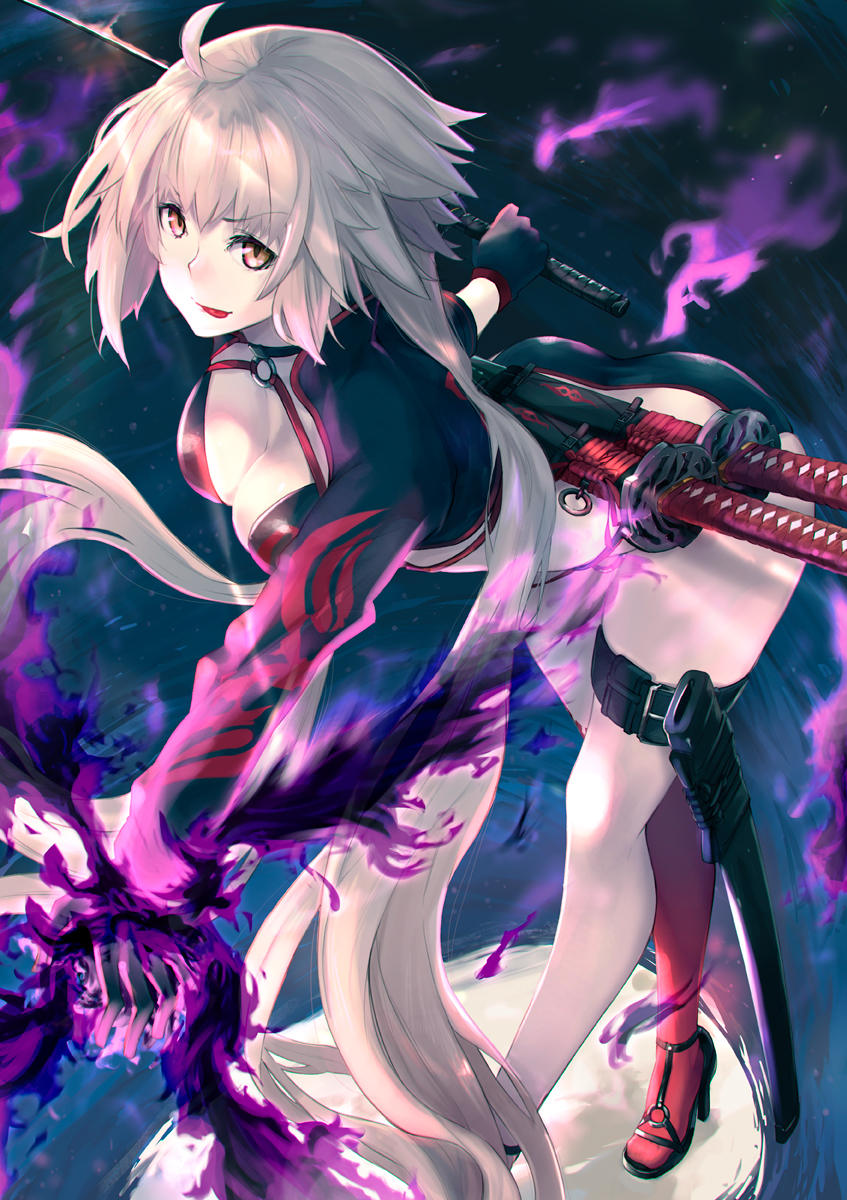 1girl absurdly_long_hair alternate_costume bending_forward bikini_bottom black_bikini_bottom burning_hand choker commentary_request cropped_jacket fate/grand_order fate_(series) fire full_body hair_blowing high_heels highres holding holding_sword holding_weapon jeanne_d'arc_(alter)_(fate) jeanne_d'arc_(alter_swimsuit_berserker) jeanne_d'arc_(fate)_(all) katana legs long_hair looking_at_viewer mille_(dieci) o-ring o-ring_bikini o-ring_footwear o-ring_top purple_fire red_legwear sheath short_hair_with_long_locks single_thighhigh solo strappy_heels sword thigh-highs thigh_strap thighs tongue tongue_out very_long_hair weapon white_hair yellow_eyes