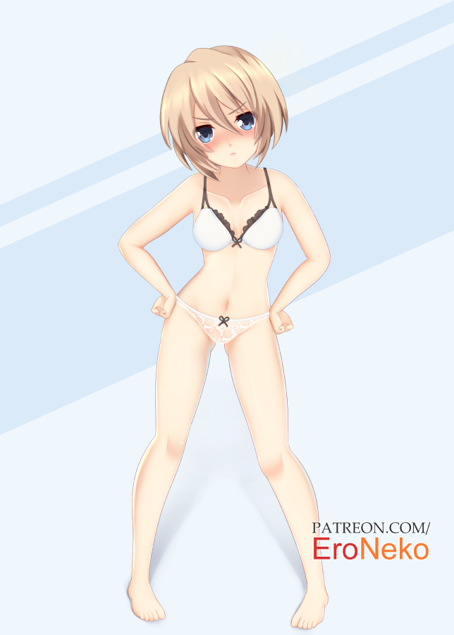 1girl artist_name bare_legs bare_shoulders barefoot blanc blue_eyes blush bra brown_hair clenched_hands commentary english_commentary eroneko_senpai frown full_body groin hair_between_eyes hands_on_hips leaning_forward looking_at_viewer navel neptune_(series) no_dress panties short_hair solo underwear white_bra white_panties