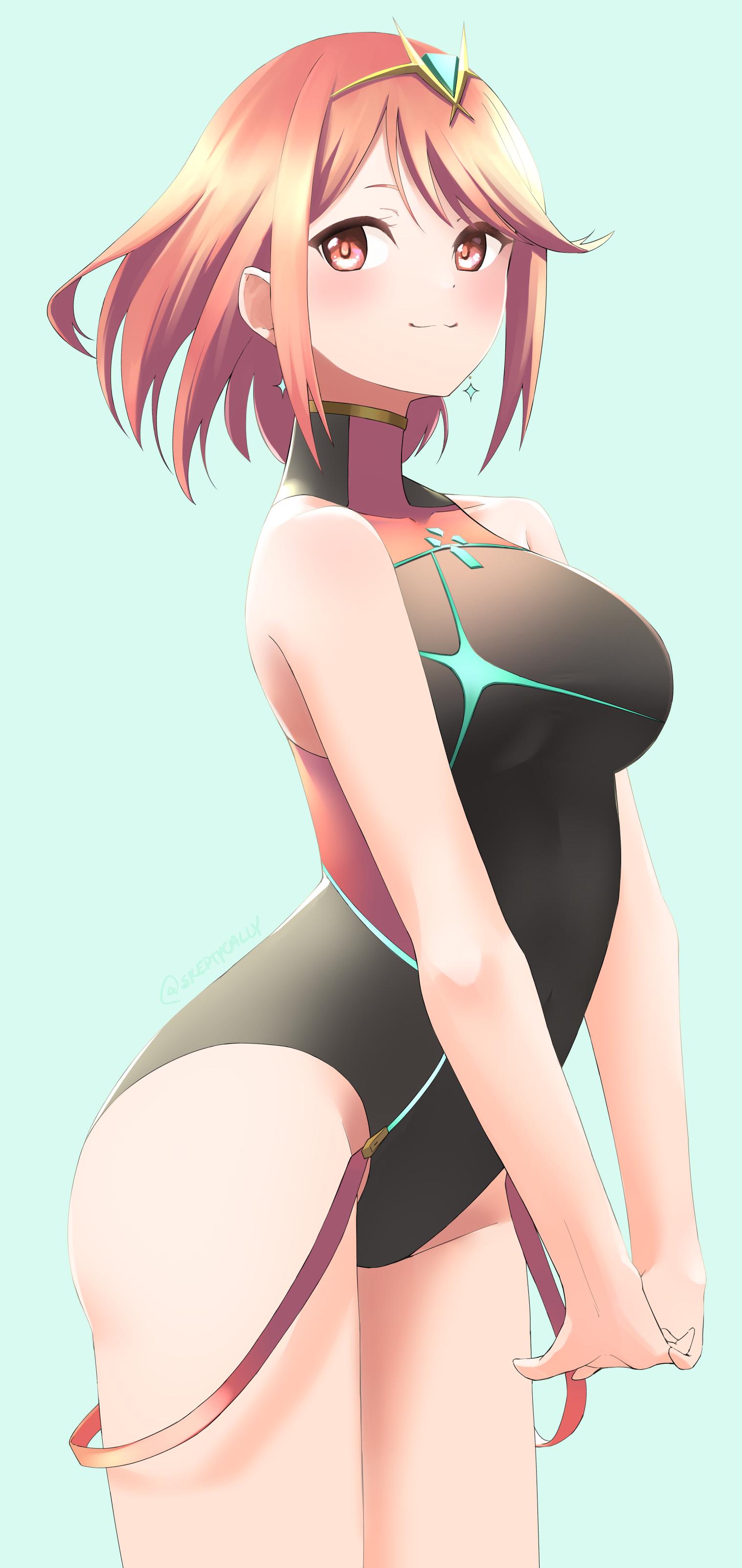 1girl absurdres bangs black_swimsuit breasts commentary_request competition_swimsuit earrings gem green_background hair_ornament headpiece highres pyra_(xenoblade) jewelry large_breasts nintendo one-piece_swimsuit pose red_eyes redhead short_hair simple_background skeptycally smile solo swept_bangs swimsuit tiara xenoblade_(series) xenoblade_2
