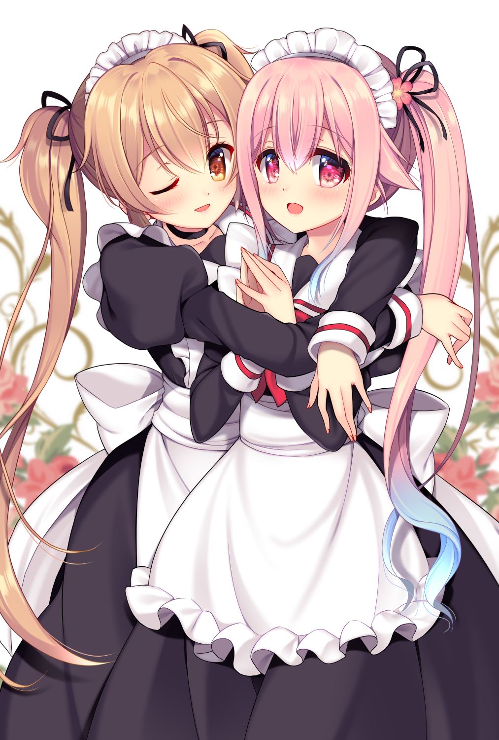 2girls adapted_costume alternate_costume apron bangs black_collar black_dress black_ribbon blonde_hair blue_hair blush collar commentary_request dress enmaided eyebrows_visible_through_hair gradient_hair hair_between_eyes hair_flaps hair_ribbon hands_together harusame_(kantai_collection) highres hug kantai_collection kayura_yuka looking_at_viewer maid maid_apron maid_headdress multicolored_hair multiple_girls murasame_(kantai_collection) one_eye_closed open_mouth orange_eyes pink_eyes pink_hair ribbon ringo_sui side_ponytail sidelocks twintails