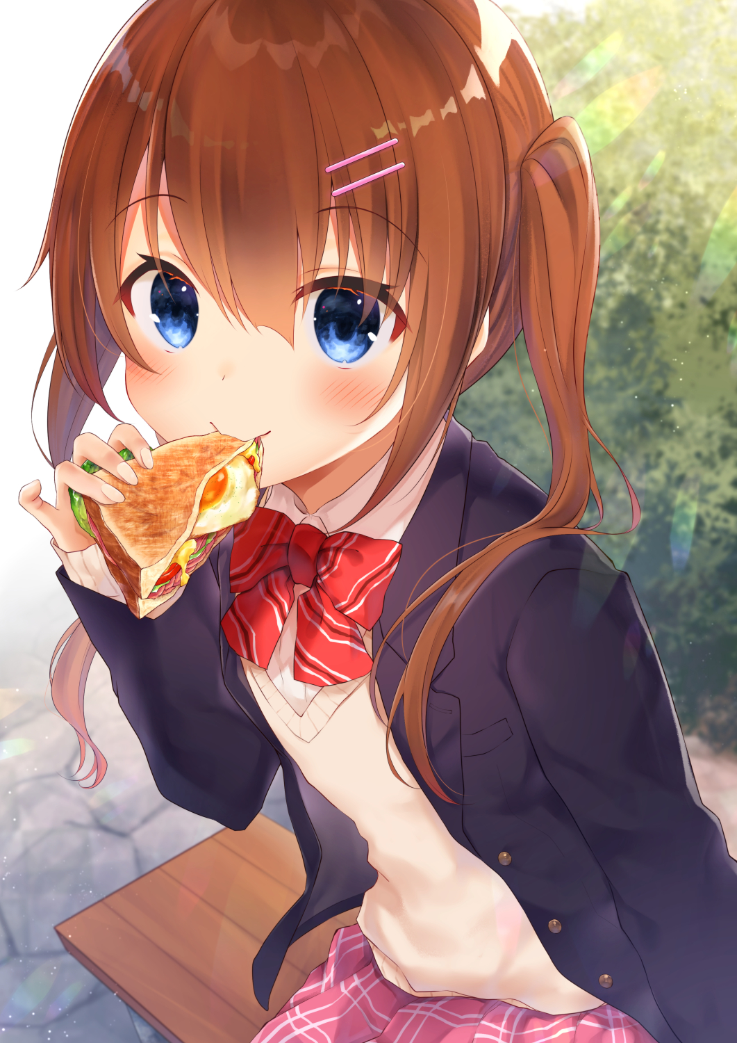 1girl bangs bench black_jacket blazer blue_eyes blurry blurry_background blush bow brown_hair brown_sweater closed_mouth collared_shirt commentary_request day depth_of_field diagonal_stripes eyebrows_visible_through_hair food gyozanuko hair_between_eyes highres holding holding_food jacket long_hair long_sleeves on_bench open_clothes open_jacket original outdoors pleated_skirt red_bow red_skirt sandwiched school_uniform shirt sitting skirt sleeves_past_wrists smile solo striped striped_bow sweater twintails white_shirt