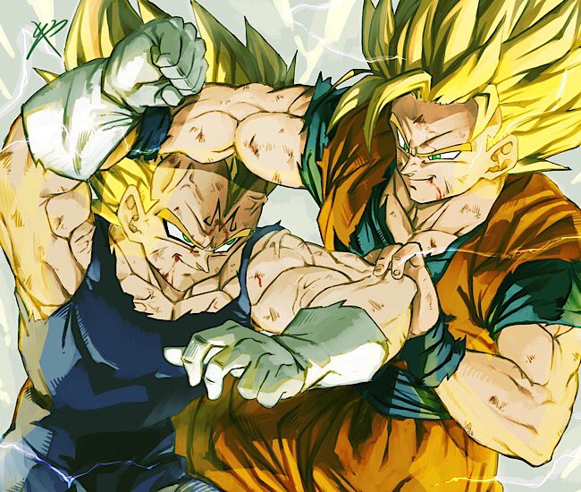 2boys battle blonde_hair blood blood_on_face clenched_hands dirty dirty_clothes dirty_face dragon_ball dragonball_z electricity fighting fighting_stance fingernails frown gloves green_eyes grey_background grin looking_at_another majin_vegeta male_focus multiple_boys reeya short_hair signature simple_background smile son_gokuu spiky_hair super_saiyan super_saiyan_2 vegeta veins white_gloves