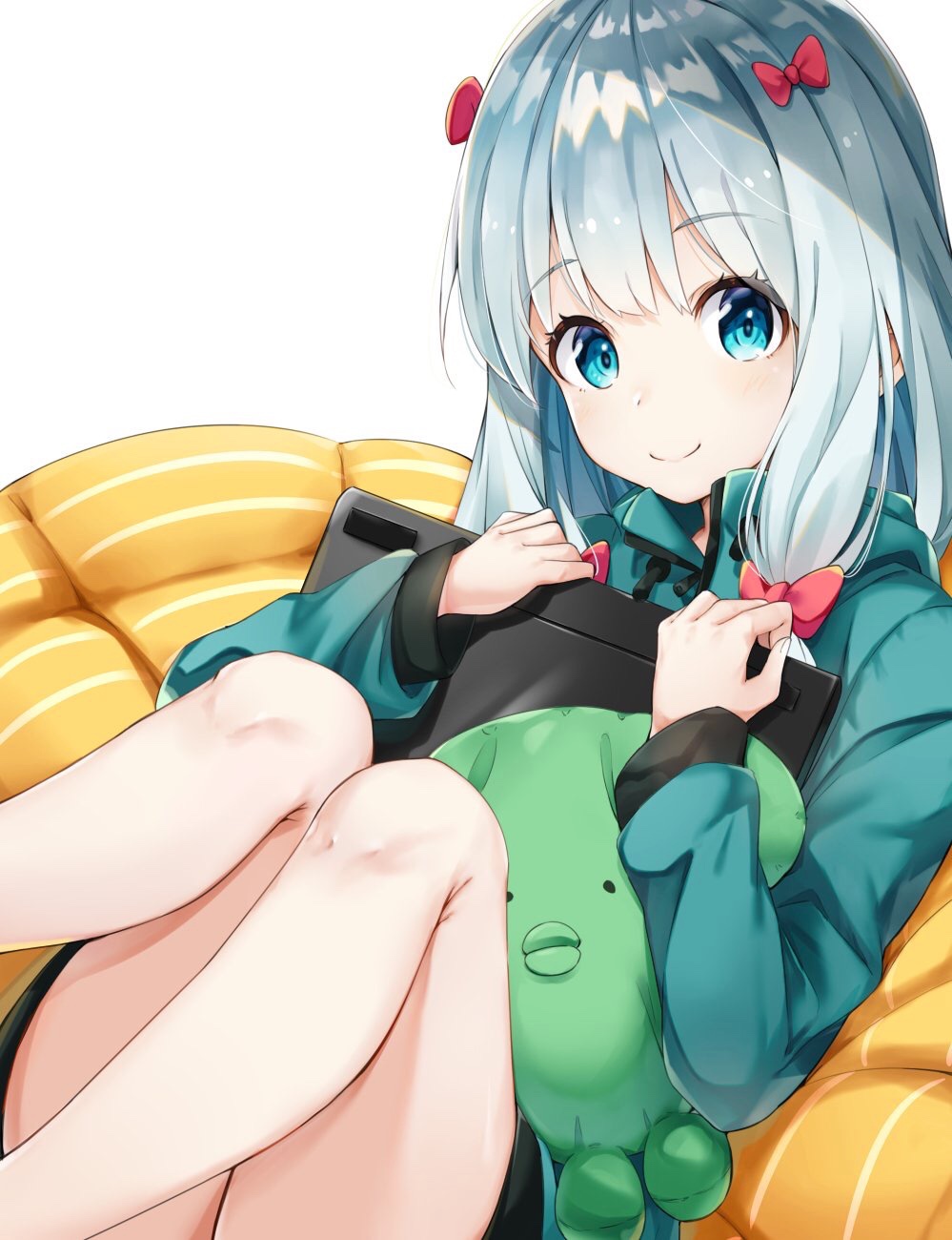 1girl blue_eyes bow closed_mouth commentary_request eromanga_sensei eyebrows_visible_through_hair green_jacket hair_bow highres izumi_sagiri jacket kurokuro_illust legs long_hair long_sleeves looking_at_viewer low-tied_long_hair pink_bow silver_hair simple_background smile solo stuffed_animal stuffed_octopus stuffed_toy tablet_pc white_background