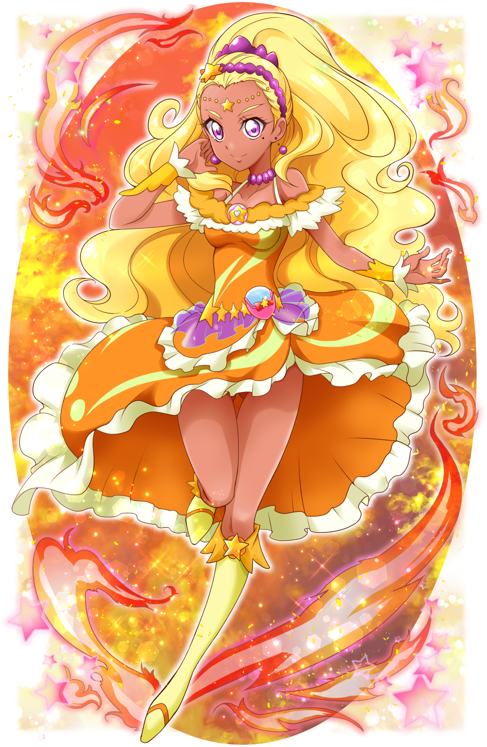 1girl amamiya_erena blonde_hair boots circlet closed_mouth cure_soleil dress earrings fire frilled_dress frills full_body hair_ornament hanzou highres jewelry knee_boots long_hair looking_at_viewer magical_girl mole mole_under_eye orange_background orange_dress precure smile solo star star_hair_ornament star_twinkle_precure tan violet_eyes wrist_cuffs yellow_footwear