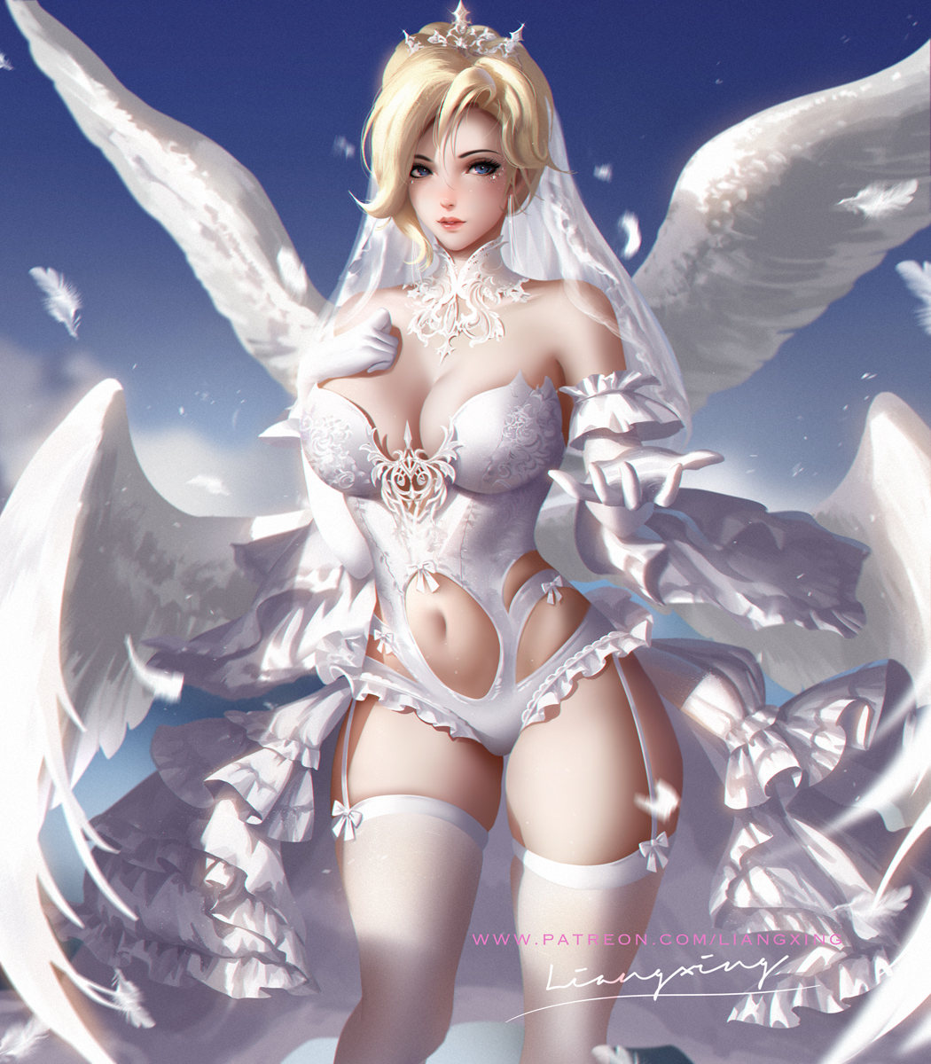 1girl artist_name bare_shoulders blonde_hair blue_background blue_eyes blush breasts bridal_veil cleavage closed_mouth collarbone commentary detached_sleeves elbow_gloves english_commentary feathered_wings feathers frills garter_straps gloves hand_on_own_chest highres large_breasts leotard liang_xing looking_at_viewer mercy_(overwatch) multiple_wings navel navel_cutout outstretched_arm overwatch red_lips short_hair signature skindentation smile solo standing strapless strapless_leotard thigh-highs tiara veil waist_cape watermark web_address white_gloves white_legwear white_leotard white_wings wings