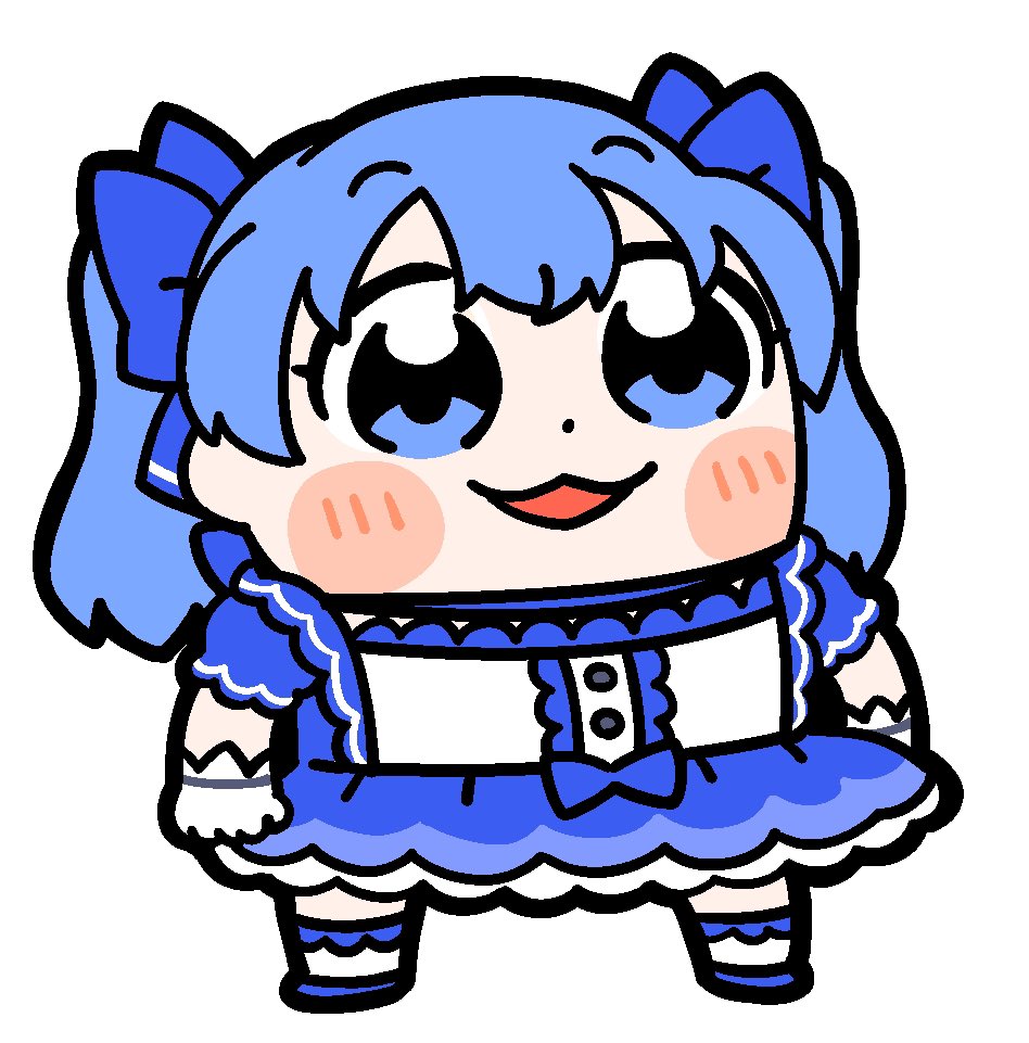 1girl :3 bangs bkub blue_bow blue_choker blue_eyes blue_footwear blue_hair blush blush_stickers bow center_frills choker clenched_hand commentary dot_nose dress eyebrows_visible_through_hair frilled_dress frilled_gloves frilled_legwear frilled_sleeves frills full_body gloves hair_bow layered_dress magical_girl nijisanji open_mouth puffy_short_sleeves puffy_sleeves shoes short_sleeves simple_background smile socks solo standing twintails virtual_youtuber white_background white_gloves white_legwear yuuki_chihiro