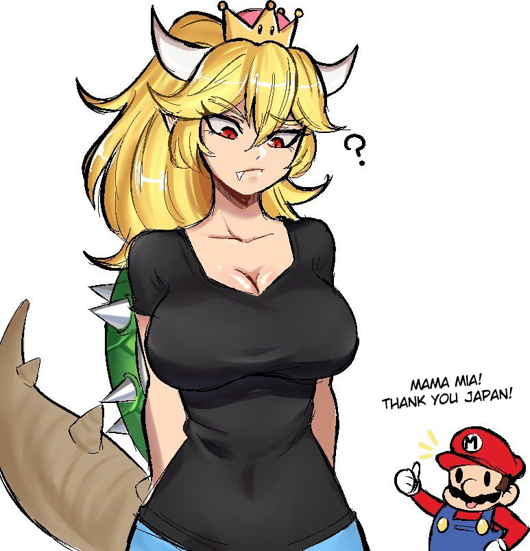 1boy 1girl ? artist_request bowsette breasts cleavage crown english_text fang horns large_breasts mario super_mario_bros. nintendo shell tail thumbs_up