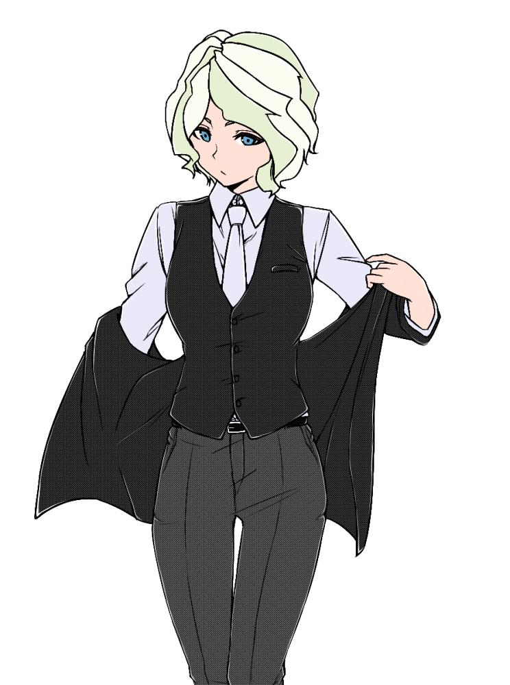 1girl alternate_hair_length alternate_hairstyle belt blonde_hair blue_eyes commentary diana_cavendish formal jacket jacket_removed little_witch_academia necktie nusisippi pants short_hair solo suit vest white_background