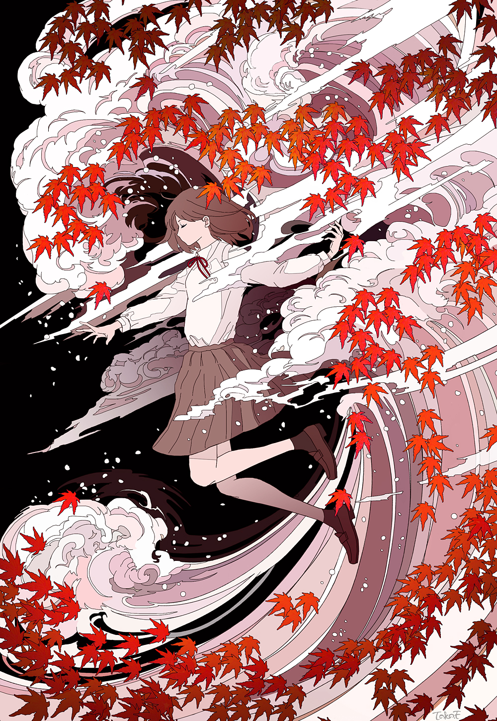 1girl autumn autumn_leaves black_background brown_footwear brown_hair brown_legwear brown_skirt closed_eyes closed_mouth clouds commentary_request full_body highres leaf loafers long_sleeves maple_leaf medium_hair original pleated_skirt profile seraphitalg shirt shoes skirt socks solo waves white_shirt