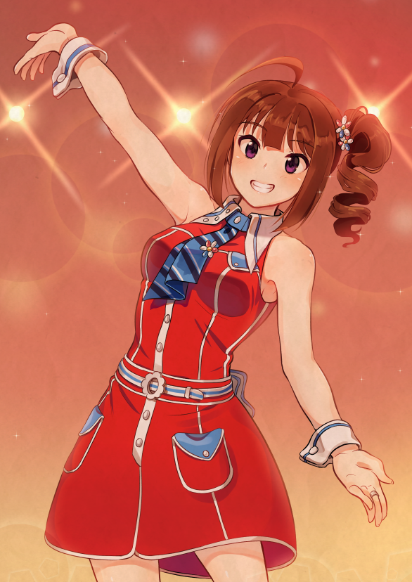 1girl :d ahoge arm_up backlighting bangs bare_arms bare_shoulders belt blue_neckwear blunt_bangs blush breasts brown_hair collared_dress commentary cowboy_shot dress eyebrows_visible_through_hair flower gradient gradient_background grin hair_flower hair_ornament idolmaster idolmaster_million_live! jewelry kamille_(vcx68) lens_flare long_hair looking_at_viewer medium_breasts necktie open_mouth pocket red_background red_dress ring side_ponytail sleeveless sleeveless_dress smile solo striped striped_neckwear teeth violet_eyes wavy_hair wrist_cuffs yokoyama_nao